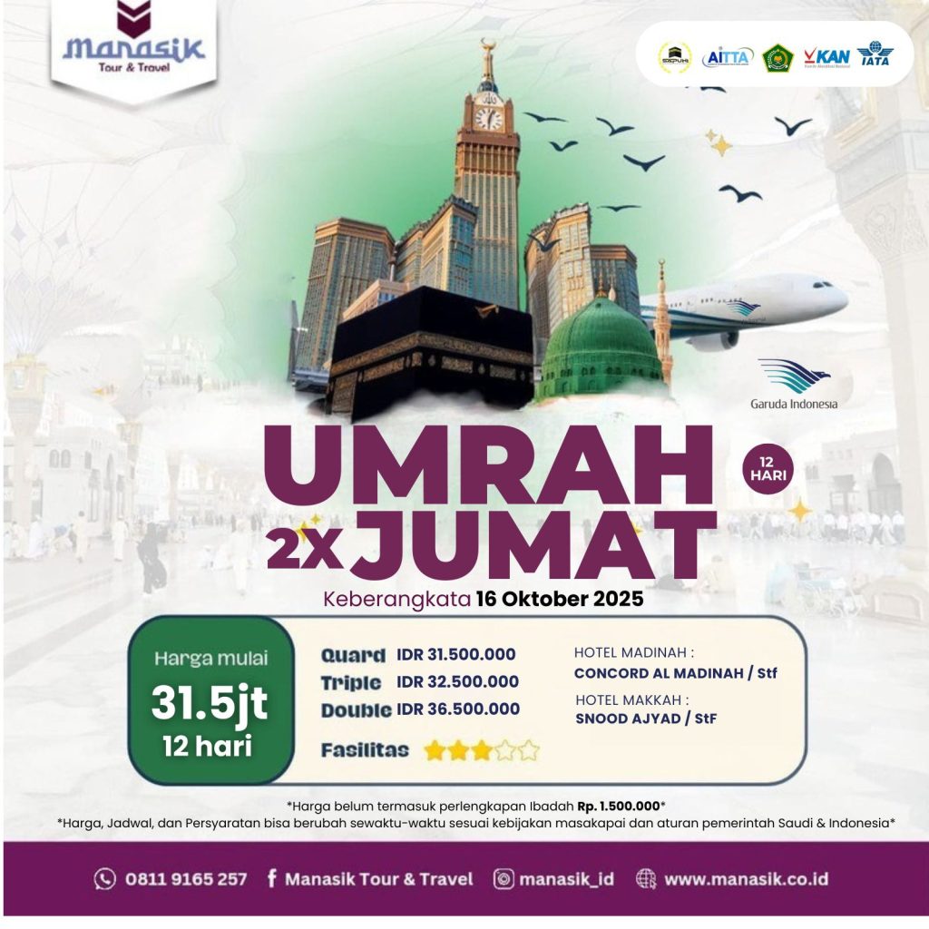 paket umroh promo 12 hari 2x jumat 2025 manasik tour & travel harga mulai 31,5 juta fasilitas lengkap