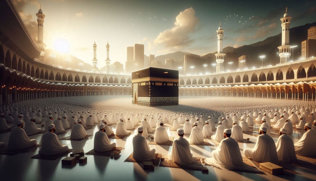 Cara umroh yang benar ditunjukkan oleh jamaah umroh yang sedang thawaf mengelilingi Ka’bah di Masjidil Haram dengan suasana pagi penuh kekhusyukan.