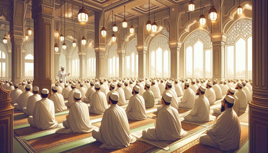 Panduan Manasik umroh lengkap – Simulasi praktik thawaf dan sa’i dipandu ustadz berpengalaman, jamaah mengenakan pakaian ihram putih mengikuti bimbingan langsung dari Manasik Tour & Travel sebelum keberangkatan ke Tanah Suci.