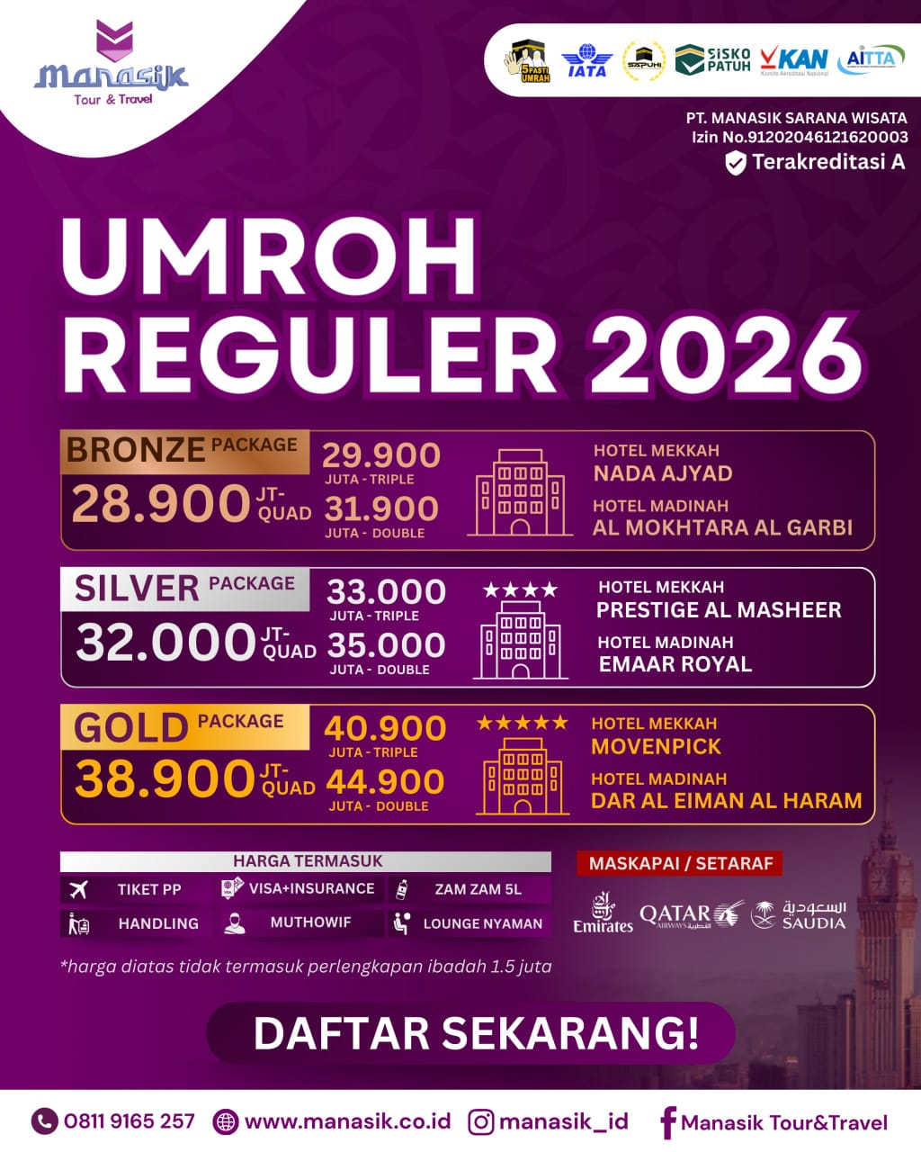 Ketahui biaya umroh 2026 terbaru dari Manasik Tour & Travel. Paket lengkap, layanan sesuai sunnah, dan bimbingan terpercaya!