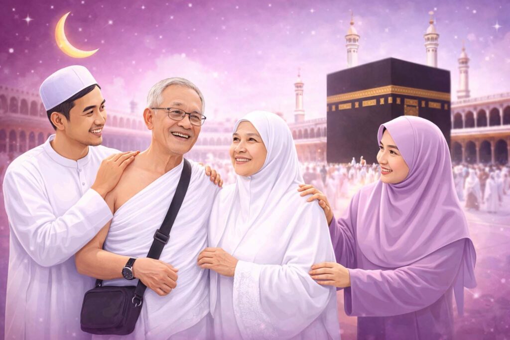Ilustrasi jamaah lansia umroh Ramadhan dengan pendamping