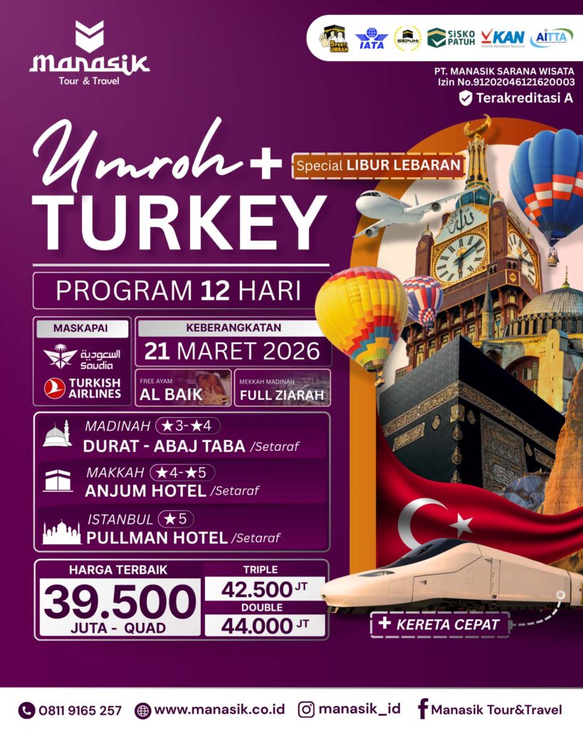 Paket Umroh Plus Turki 2026 12 hari. Hotel bintang 5, Saudia Airlines & Turkish Airlines! Kuota terbatas, segera daftar sekarang!