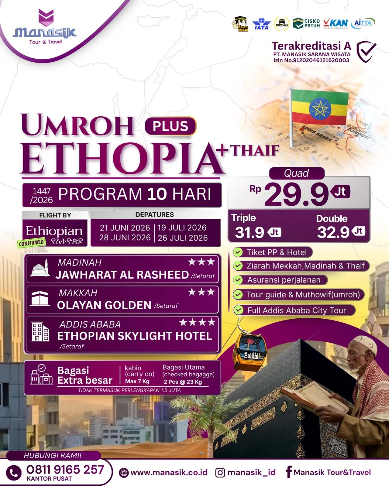 Flyer program Umroh Plus Ethiopia dan Taif Manasik periode Juni dan Juli 2026