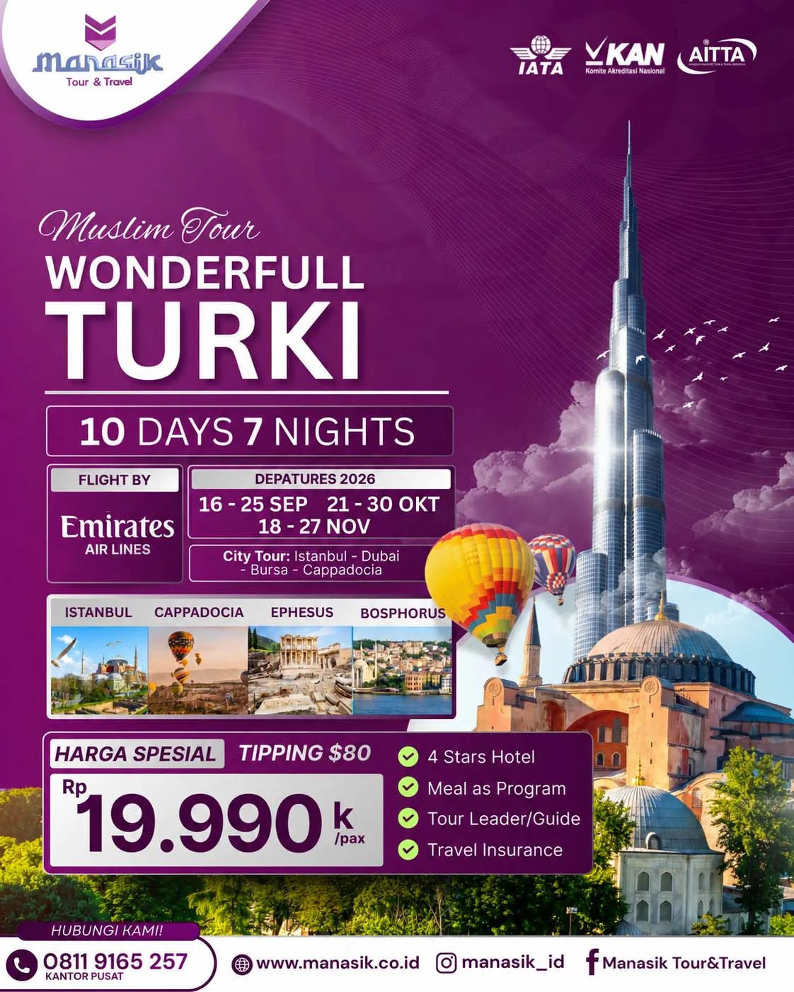 Flyer Paket Tour Turki 2026 Manasik Emirates 10 hari 7 malam