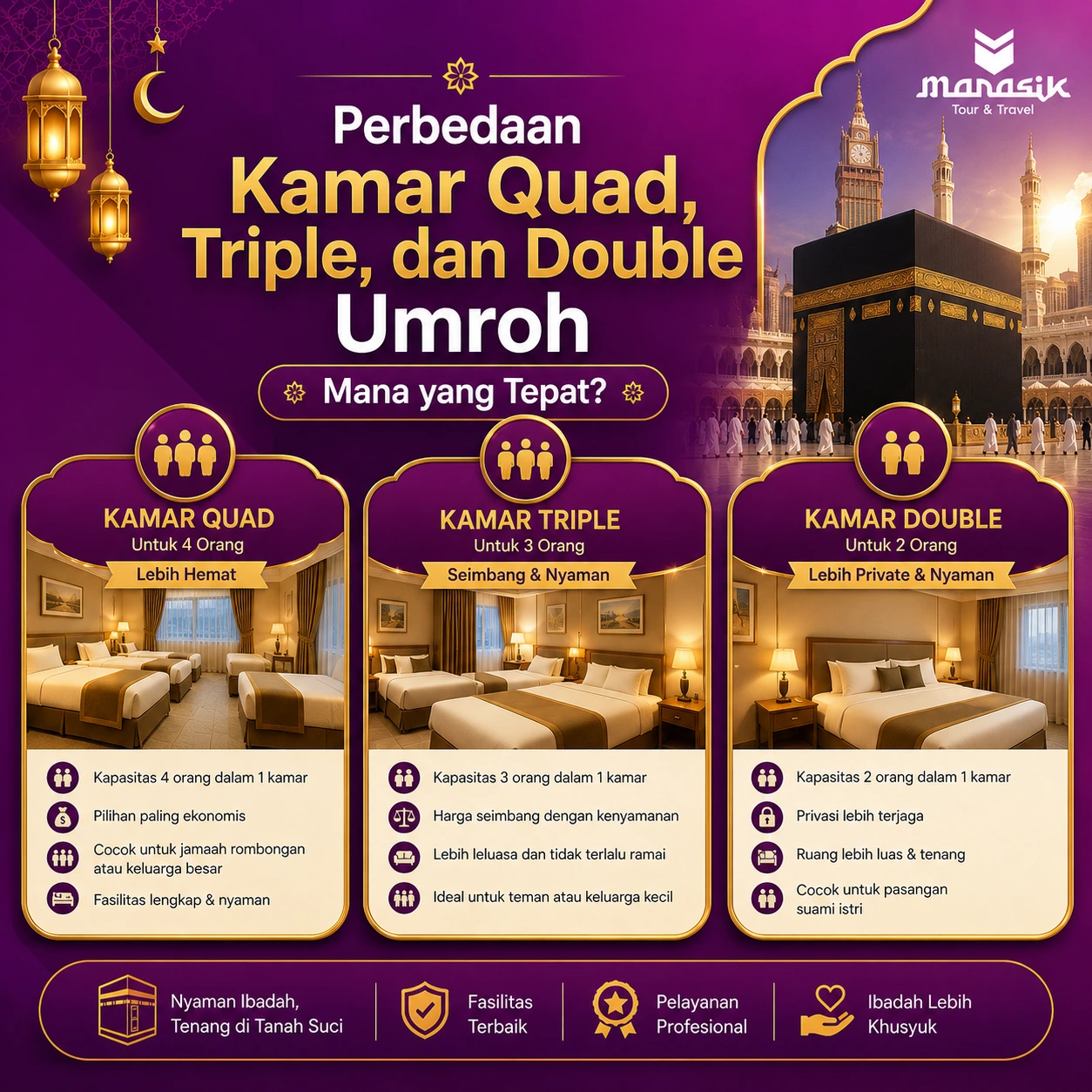 Perbedaan kamar quad triple dan double umroh