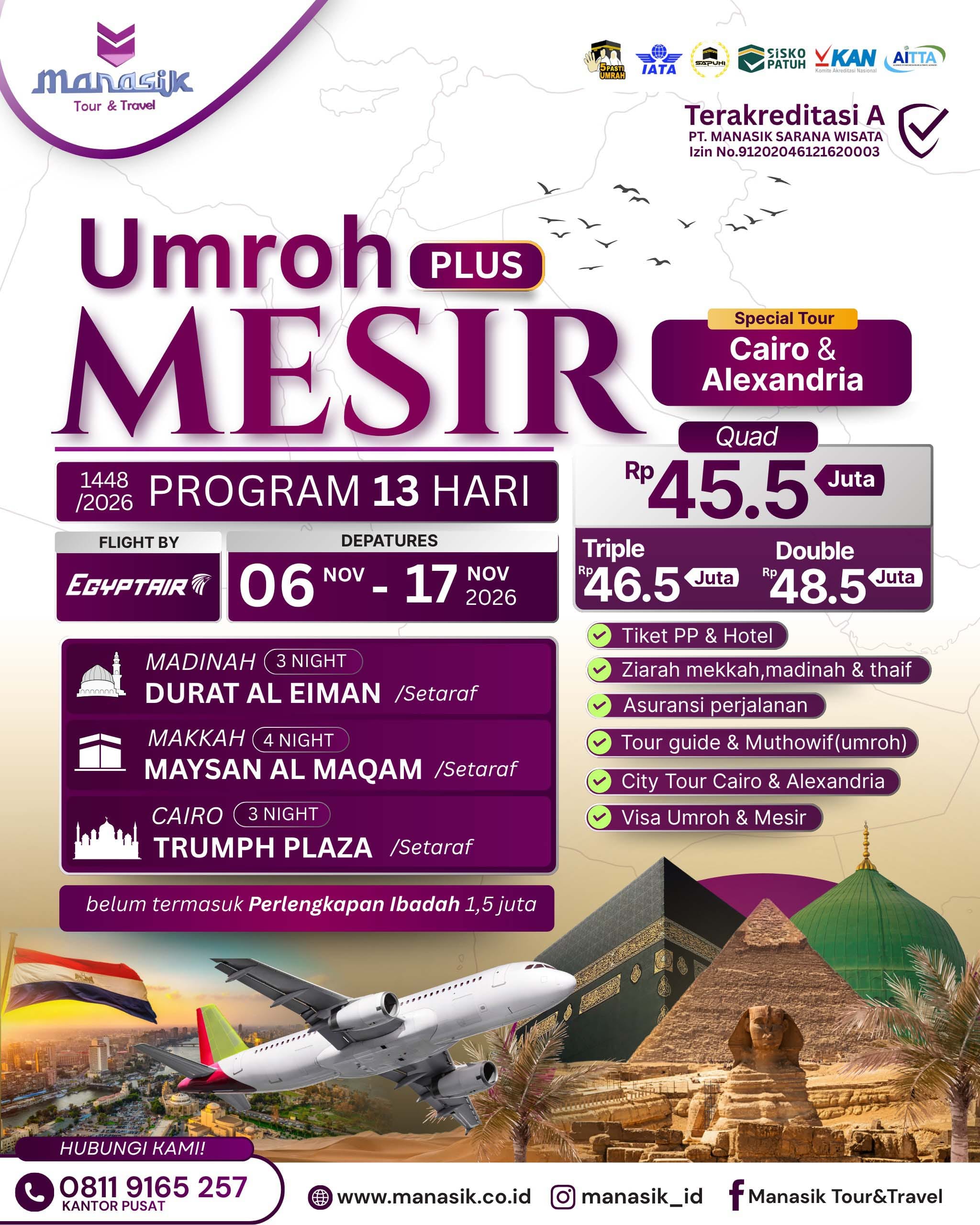 Flyer paket Umroh Plus Mesir 13 Hari 2026 Manasik Tour Travel jadwal November