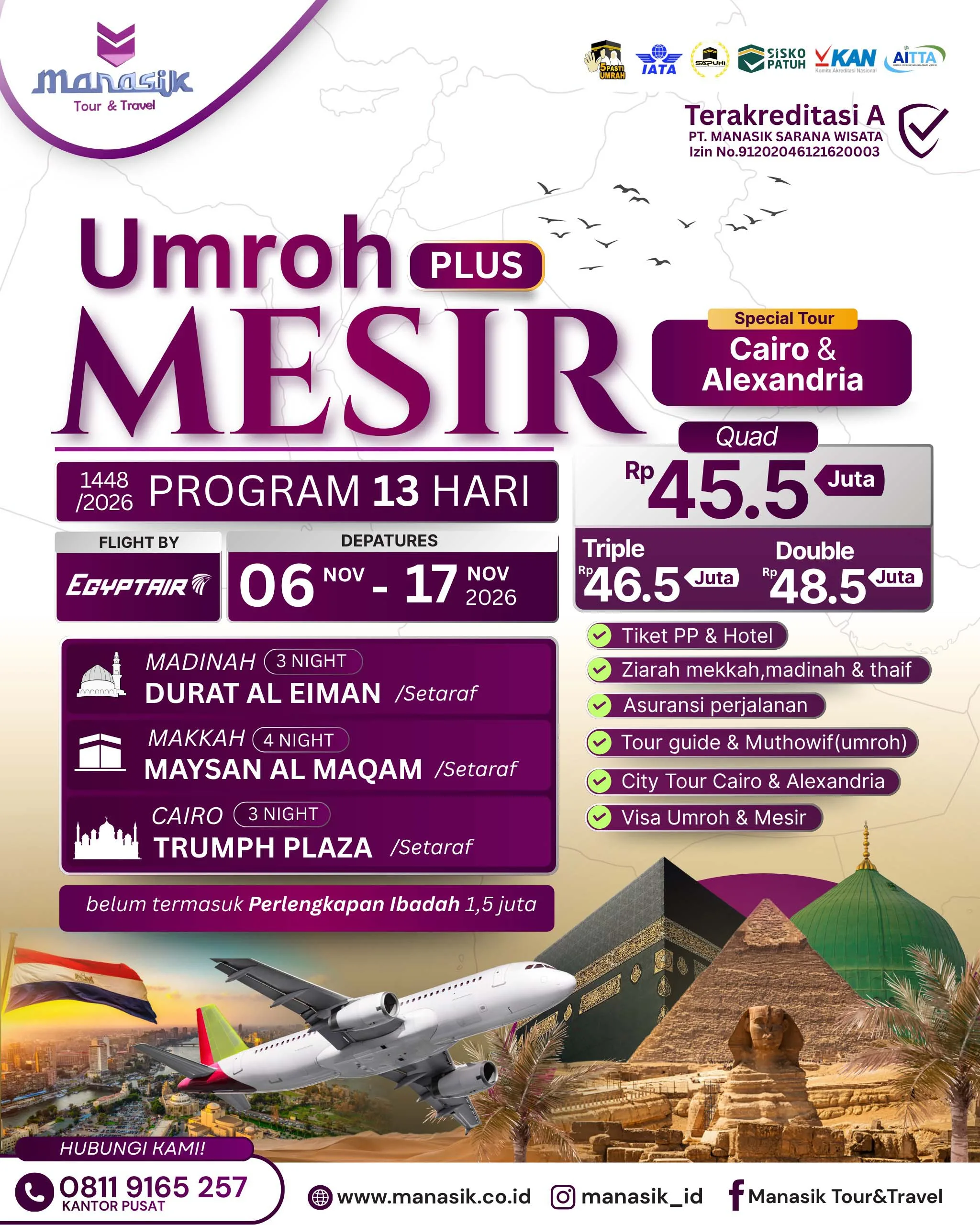Flyer Paket Umroh Plus Mesir Manasik 6 sampai 17 November 2026