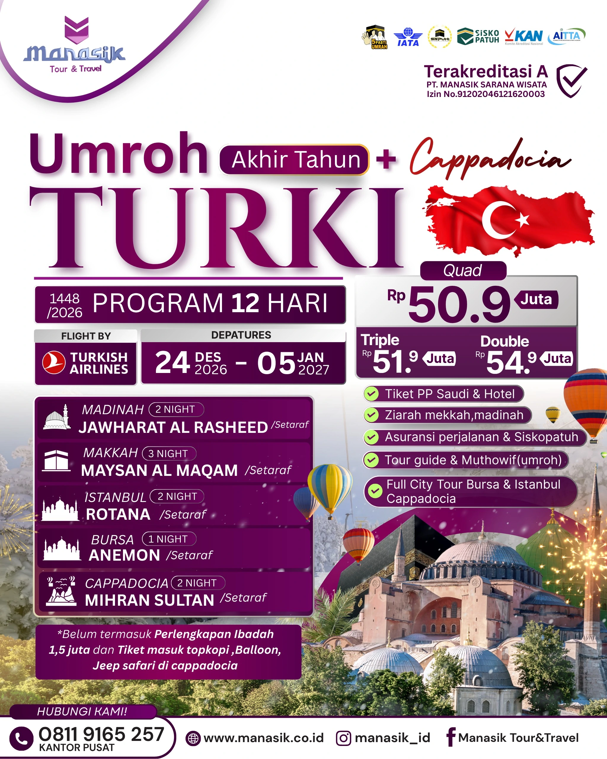 Flyer Paket Umroh Plus Turki dan Cappadocia 12 Hari Manasik akhir tahun 2026