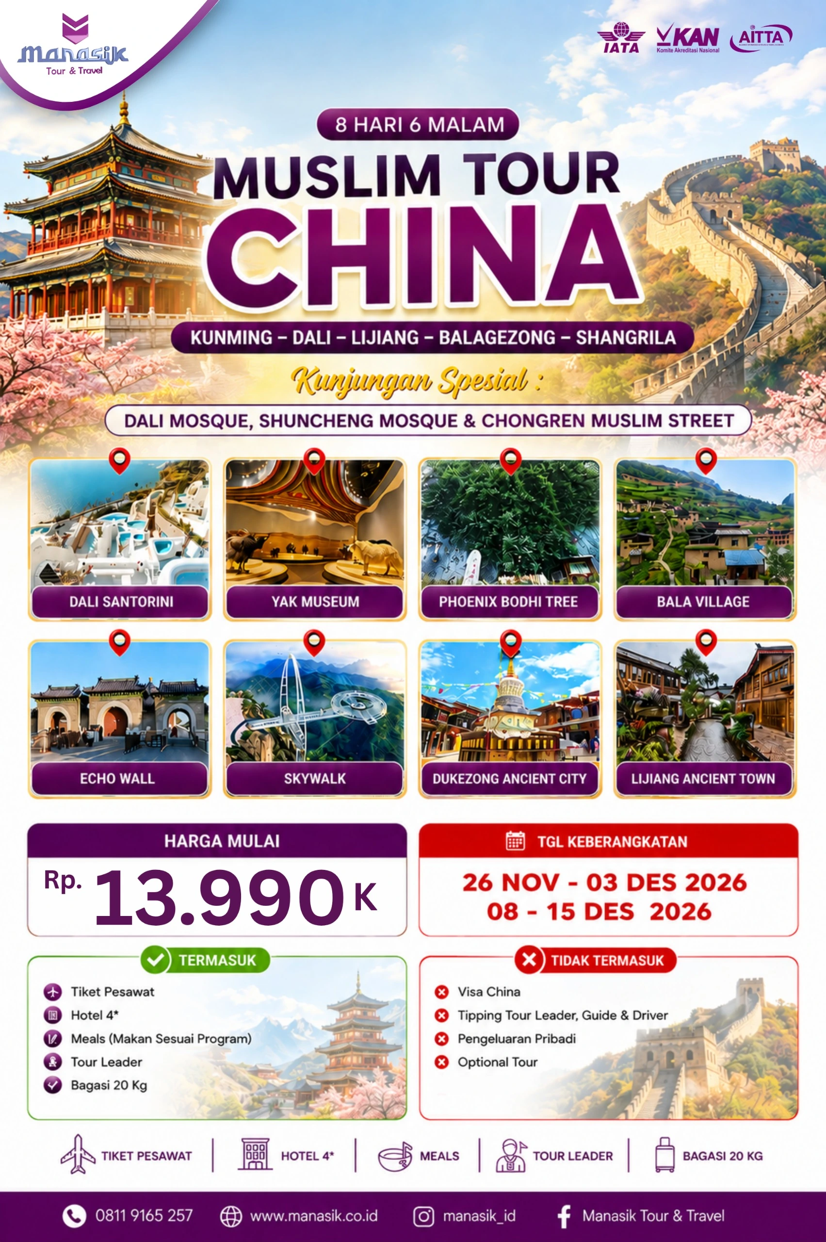 Flyer Paket Tour China Muslim Kunming Dali Lijiang Balagezong Shangri-La Manasik