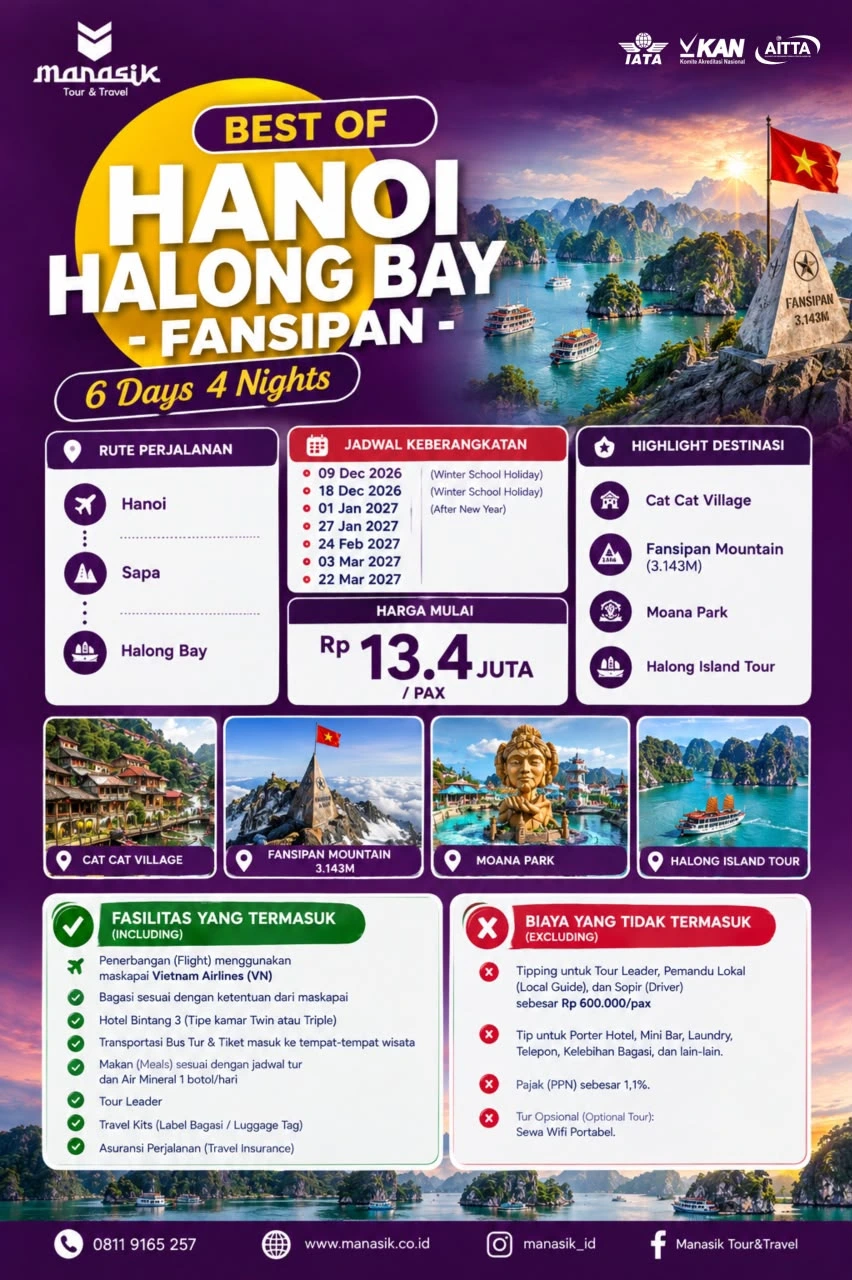 Best of Hanoi Halong Bay Fansipan Tour Vietnam 2026 - 2027 bersama Manasik Tour Travel